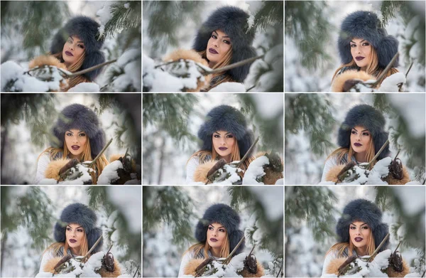 Mulher Atraente Com Chapéu Pele Marrom Casaco Desfrutando Inverno Vista — Fotografia de Stock