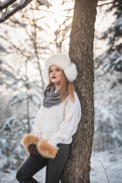 Ormandaki kış manzarası zevk aşırı büyüklükteki kürk kapaklı beyaz kazak güzel kadın. Sarışın kız karla kaplı ağaçların dalları altında poz. Çekici genç bayan parlak soğuk günde, makyaj