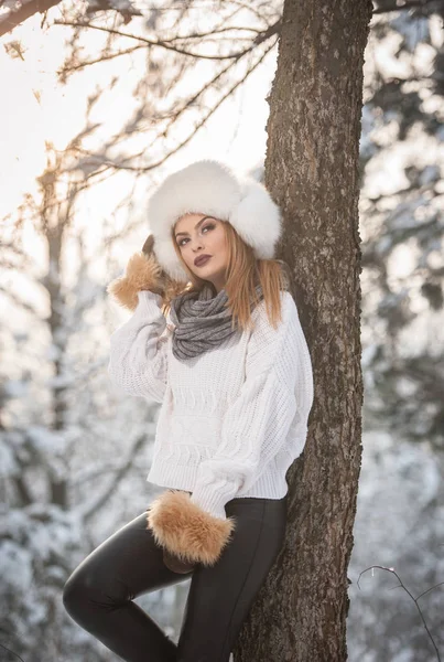 白色套衫与尺寸过大的毛皮帽享受森林的冬季景色美丽的女人 白雪覆盖的树木树枝下构成的金发女孩 有吸引力的年轻女性 在明亮的冷的天 — 图库照片