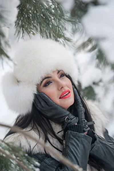 白い毛皮の帽子とチョッキ鉄フェンス近く冬景色を楽しんでいる女性 長い髪が魅力的なブルネットの少女の冬の風景でポーズします 寒い日の明るく赤い唇と美しい女性 — ストック写真