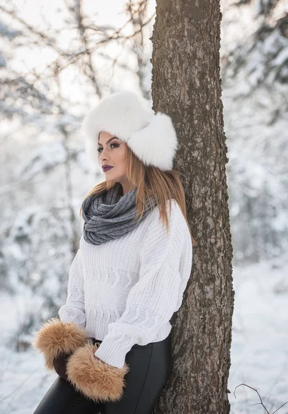 森の冬景色を楽しむ大型毛皮の帽子と白のプルオーバーで美しい女性 雪に覆われた木の枝の下でポーズ ブロンドの女の子 明るい寒い日は 化粧の魅力的な若い女性 — ストック写真