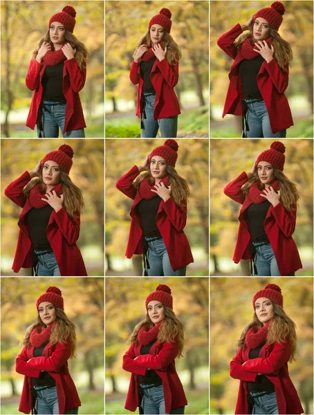 秋天公园里 一个美丽的年轻白种妇女戴着红帽子 围巾和红色夹克 红绿黄三姿 快乐肖像 季节和人的概念 秋季生活方式 — 图库照片