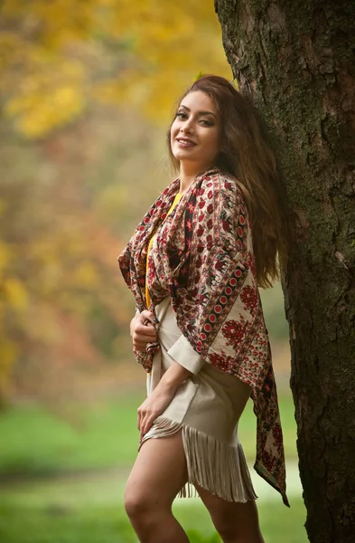 Happy Portrait Fashion Beautiful Young Caucasian Woman Scarf Long Legs — стоковое фото
