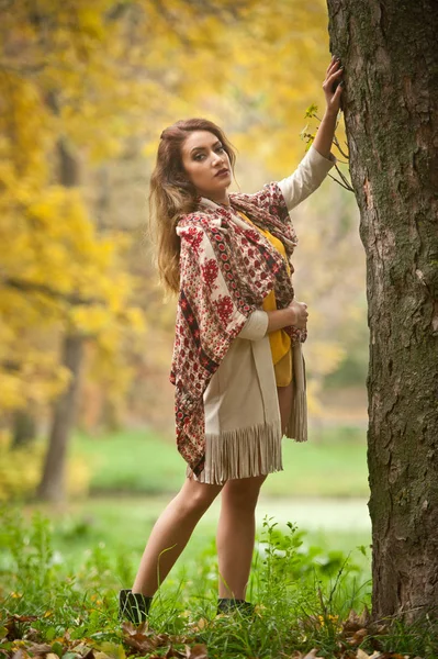 Happy Portrait Fashion Beautiful Young Caucasian Woman Scarf Long Legs — Stock Photo, Image