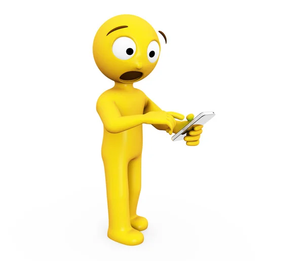 Personagem Amarelo Surpreso Usando Renderização Smartphone — Fotografia de Stock