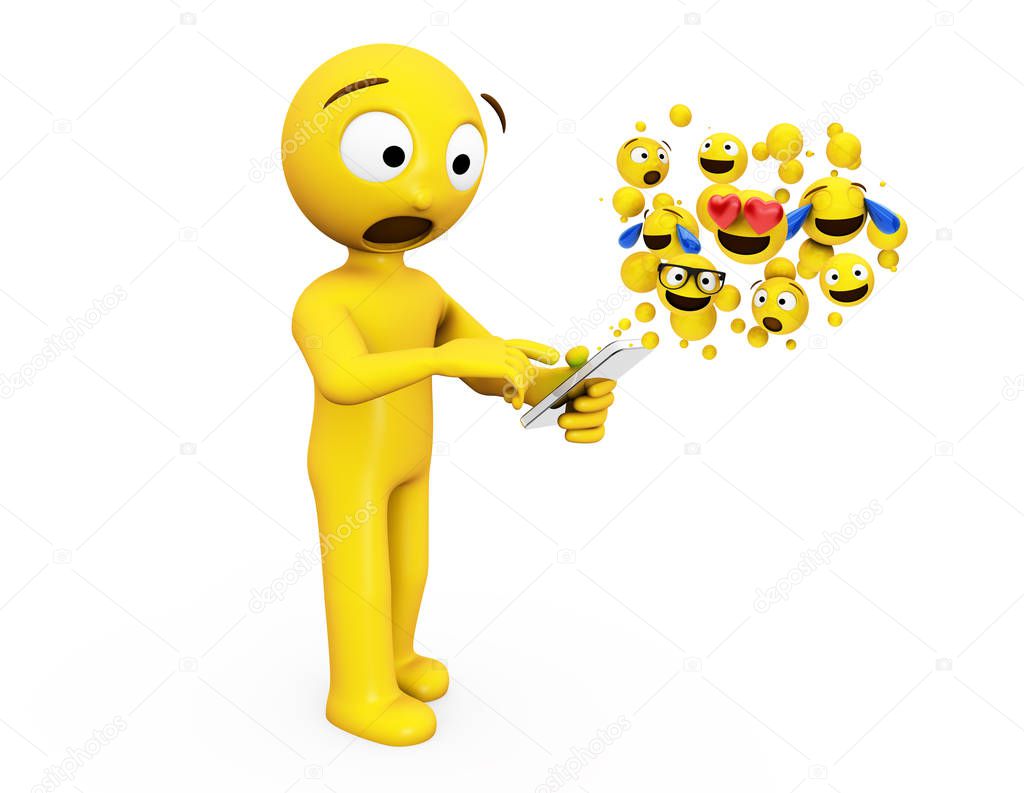 surprised yellow character using smartphone 3d rendering