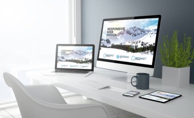 Masaüstü ile tüm aygıtlar yanıt veren Web sitesi gösterilen 3D render. Tüm ekran grafik oluşur. 
