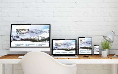 multidevice masaüstü ekranlarda yanıt veren Web sitesi ile. 3D render.