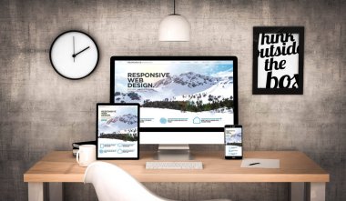 Dijital işyeri masaüstü dijital tablet, bilgisayar, dizüstü bilgisayar ve çeşitli office nesneleri yanıt veren Web sitesi ekran üzerinde oluşturulan. Tüm ekran grafik oluşur. 3D render.