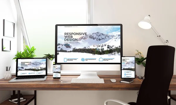 Bilgisayar Notebook Tablet Smartphone Gösteren Tresponsive Web Sitesi Render — Stok fotoğraf