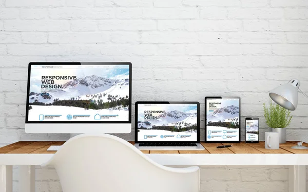 multidevice desktop with responsive website on screens. 3d rendering.