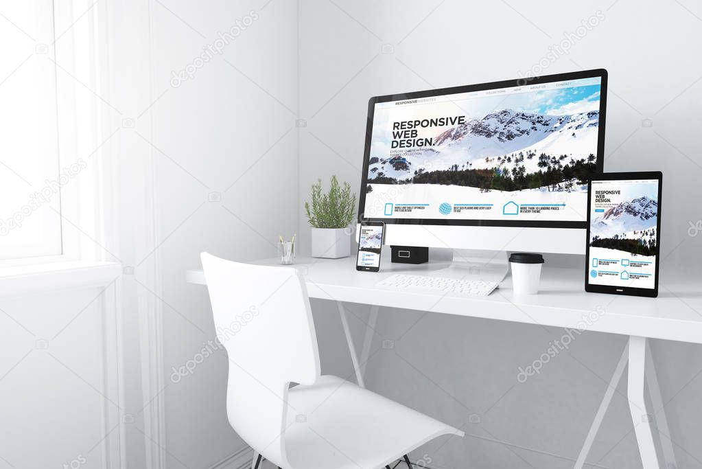 3d rendering of devices on desktop. responsive website home on screens.