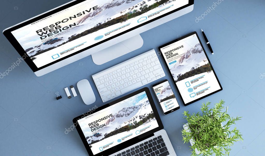 blue devices top view responsive website 3d rendering. 