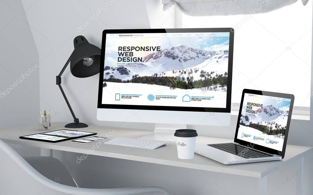 3d rendering of workroom with responsive devices showing website cool on screen. All screen graphics are made up.