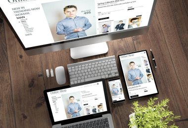 3D render üstten görünüm online alışveriş ile cihazların üstünde perde ahşap Masaüstü