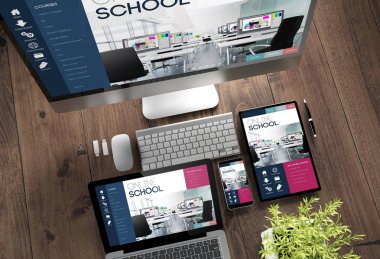 3D render üstten görünüm çevrimiçi okul ile cihazların üstünde perde ahşap Masaüstü