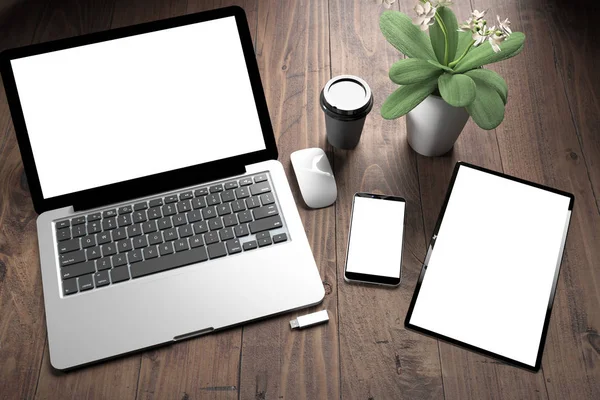 Rendering Three Devices White Screen Wooden Desktop Top View — Stock Photo, Image