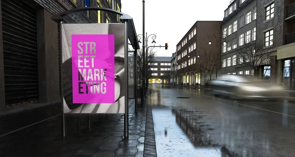 3d rendering street marketing billboard on city at evening