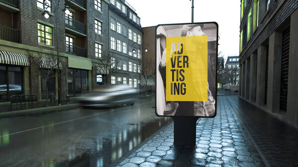 Advertising billboard on city street at evening 3d rendering