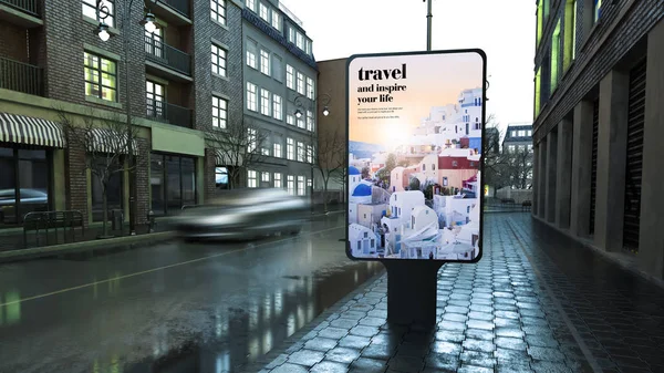 Billboard Διαφήμιση Ταξίδια Στην Πόλη Δρόμο Βράδυ Rendering — Φωτογραφία Αρχείου