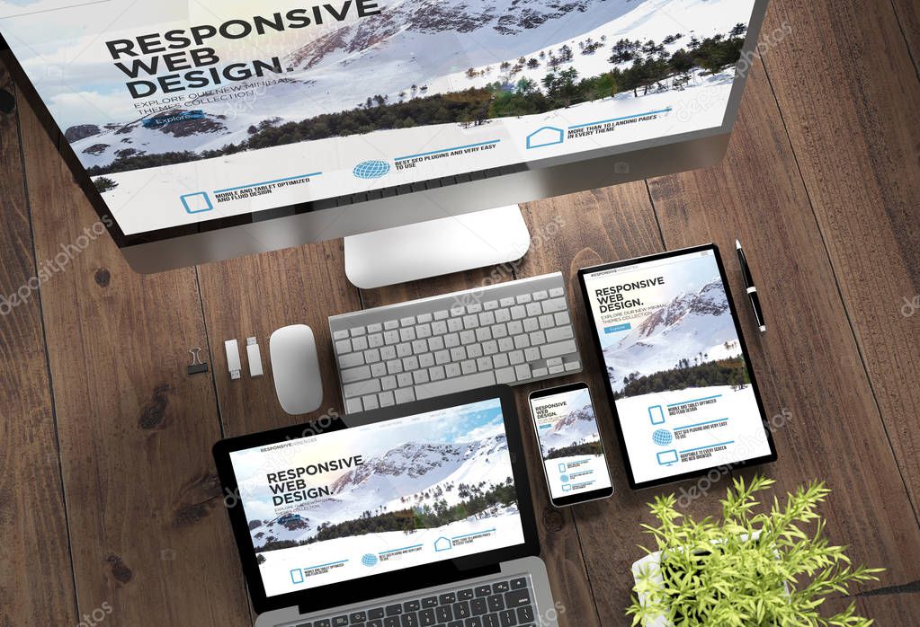 3d rendering top view of devices with responsive website on screen on wooden desktop