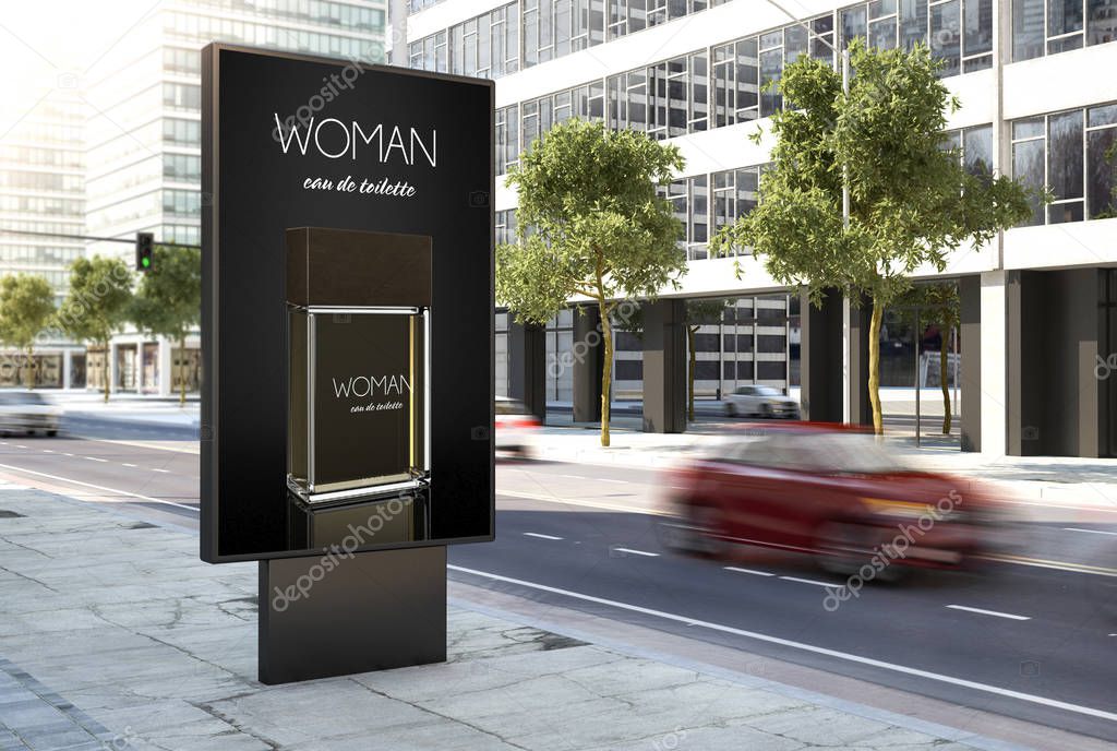 3d rendering perfume poster on the city