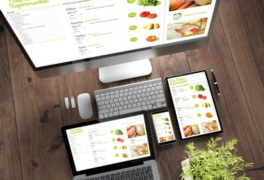 3D render üstten görünüm online süpermarket ile cihazların üstünde perde ahşap Masaüstü