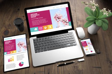 Tablet, dizüstü bilgisayar ve cep telefonu en iyi yanıt veren Web sitesi 3d render ahşap Masaüstü üzerinden görüntülemek