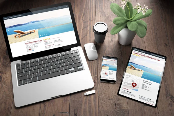3d rendering of three devices with responsive directory resort website on screen on wooden desktop top view