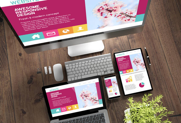 3d rendering top view of devices with responsive design on screen on wooden desktop