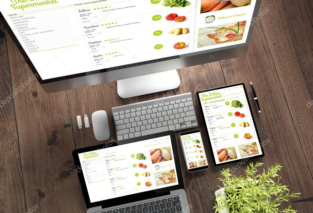 3d rendering top view of devices with online supermarket on screen on wooden desktop