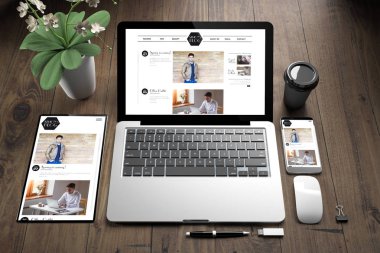 ahşap zemin gösteren blog web sitesinde cihazların 3D render