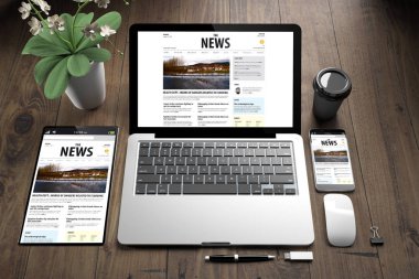 ahşap zemin gösteren haber web sitesinde cihazların 3D render