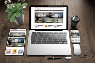ahşap zemin gösteren e-dergi duyarlı web sitesinde cihazların 3D render