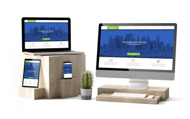 3D render ahşap küpleri gösterilen modern yanıt veren Web sitesi üzerinden dijital cihazlar