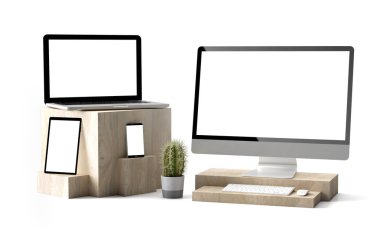 3D render ahşap küpleri üzerinden dijital cihazlar