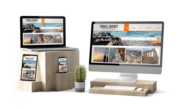 木製のデジタル デバイスの レンダリング キューブ表示旅行代理店ウェブサイトの反応 — ストック写真