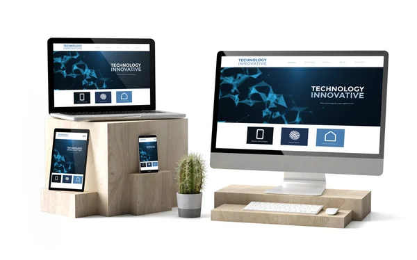 Representación Dispositivos Digitales Sobre Cubos Madera Que Muestran Innovadora Tecnología —  Fotos de Stock