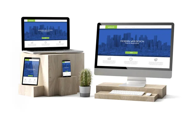 Rendering Perangkat Digital Atas Kubus Kayu Menampilkan Situs Web Responsif — Stok Foto