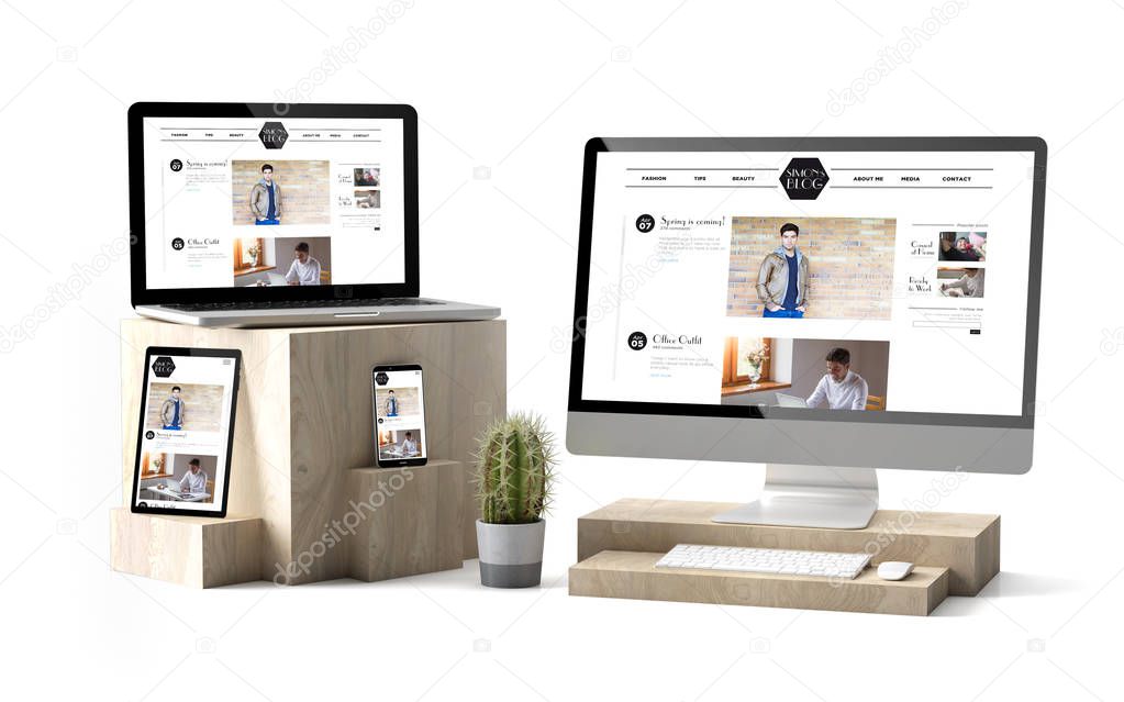 3d rendering of digital devices over wooden cubes showing online influencer blog