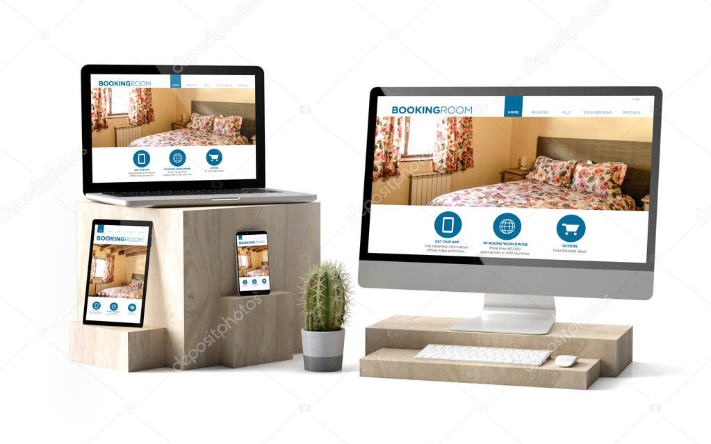 3d rendering of digital devices over wooden cubes showing online booking responsive website