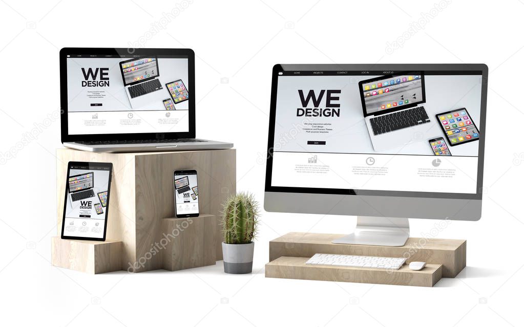 3d rendering of digital devices over wooden cubes showing we design for responsive website