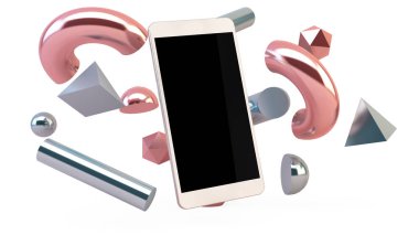 Smartphone ve geometrik şekiller izole 3d render mock-up yüzen 