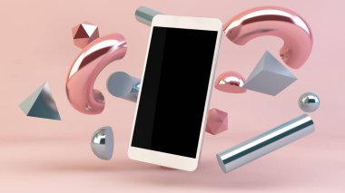 Smartphone ve geometrik şekiller 3d render mock-up yüzen