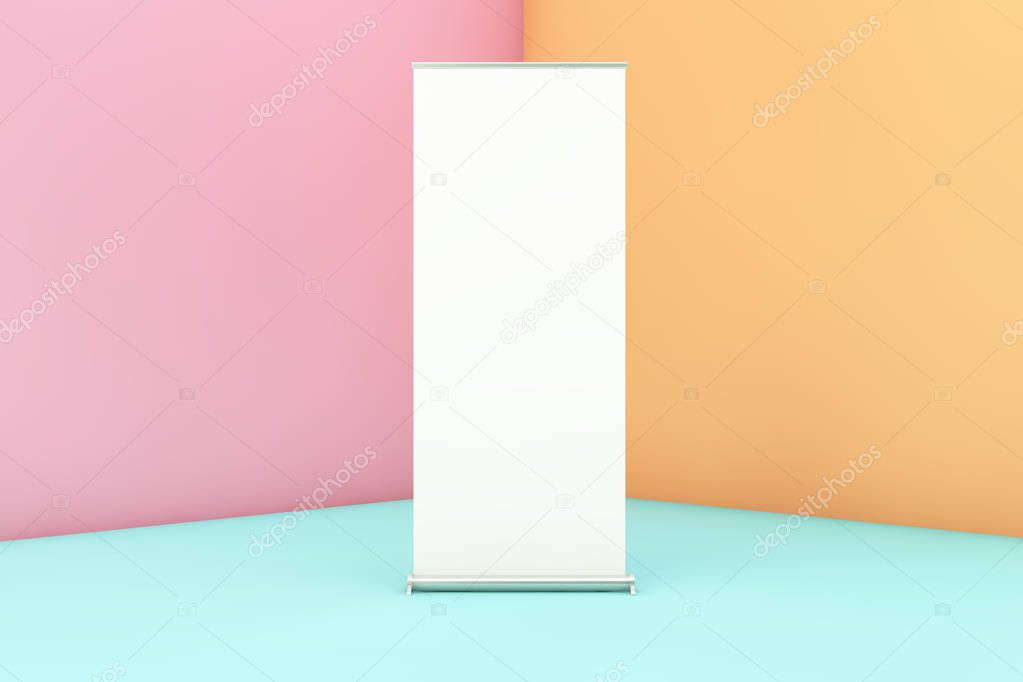 3d rendering of a roll up mock up on a colorful corner