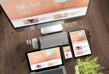 3D render üstten görünüm yaratıcılık öğreticiler yanıt veren Web sitesi ile cihazların üstünde perde ahşap Masaüstü