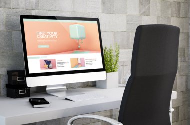 3D render yaratıcılık Web sitesi bilgisayar ekranında gösterilen çalışma alanının. Tüm ekran grafik oluşur.