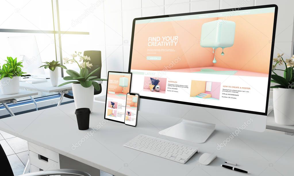 creative tutorials screen devices mockup at coworking office 3d rendering