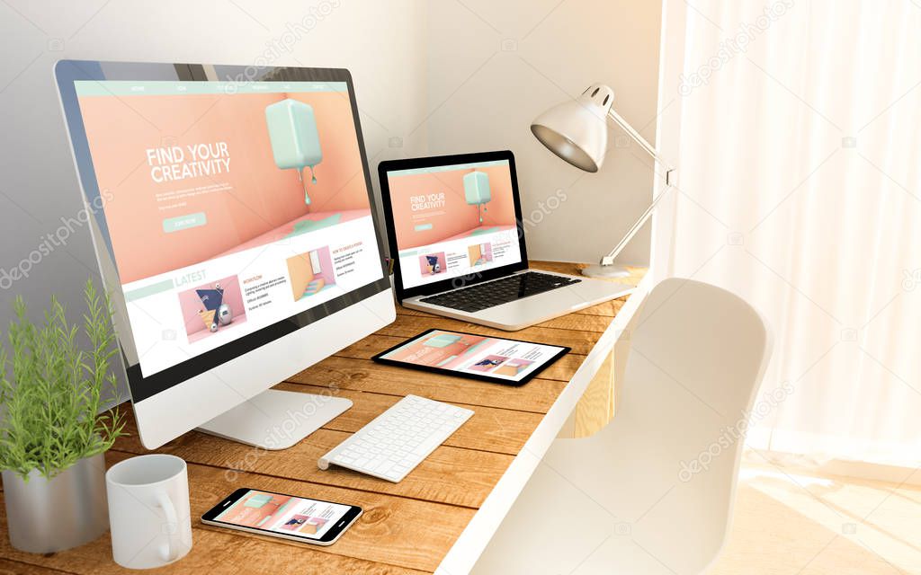 Digital generated devices over a wooden table with cretivity tutorials website All screen graphics are made up. 3d rendering