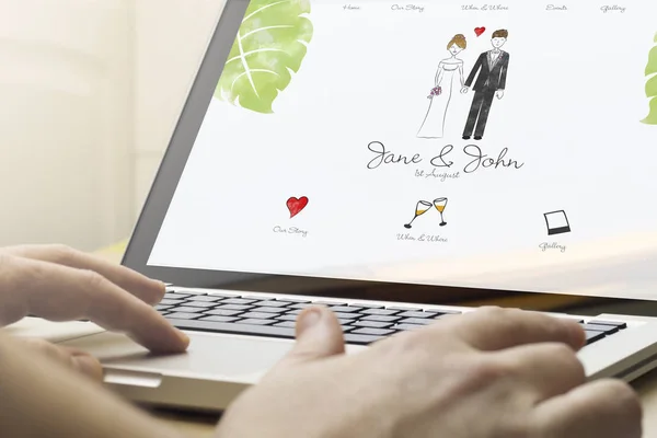 Conceito Negócios Line Homem Usando Laptop Com Site Casamento Tela — Fotografia de Stock